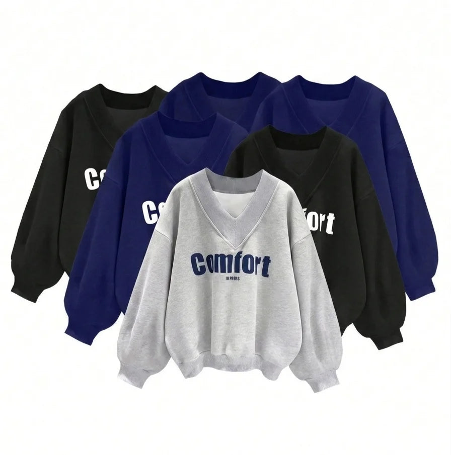 China Bangladesh Factory Price OEM Customized Logo Embroidery Women's Loose Fit V Neck Oversized Versatile Casual Sweatshirt MegaBDM