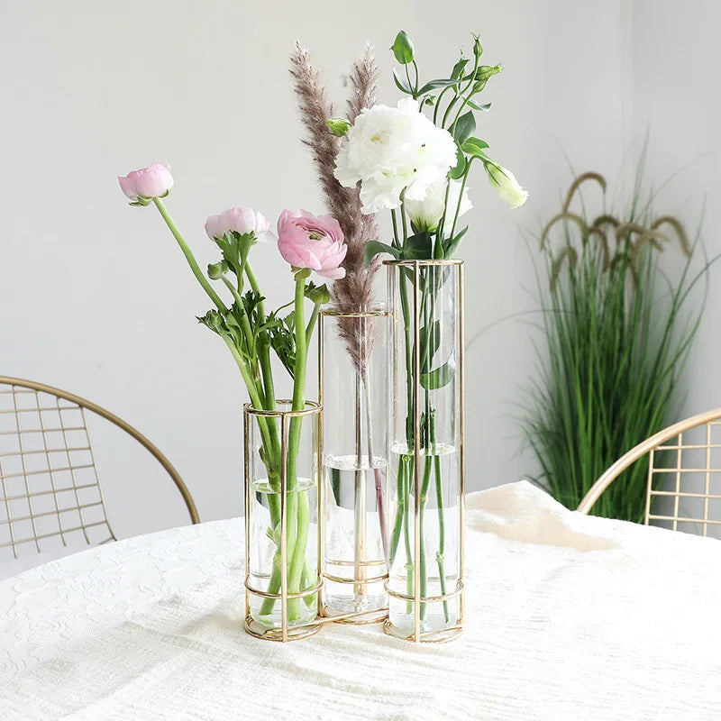 Glass Test Tube Vase Hydroponic Plant Propagation Station Metal Frame Flower Vase Tabletop Plant Holder MegaBDM