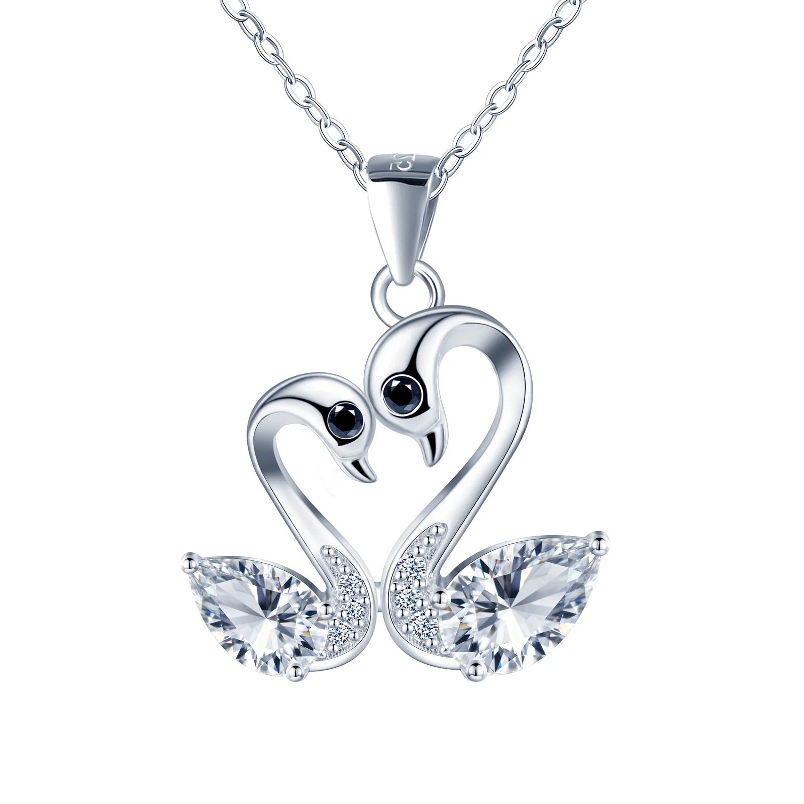 925 Sterling Silver Sparkling Moissanite Double Swan Pendant Necklace 40.5+3.5cm Adjustable Chain