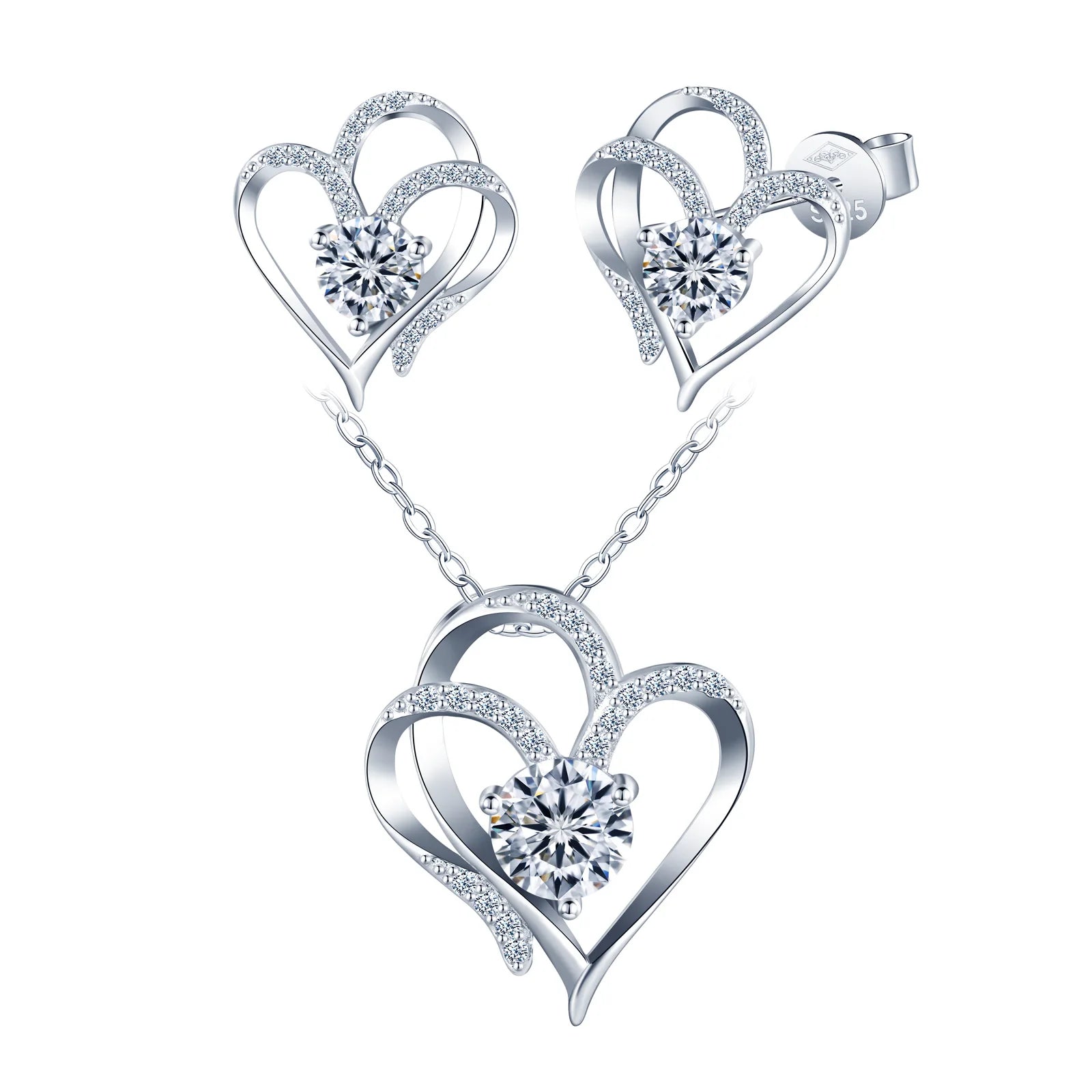 Wholesale D VVS Moissanite Earrings Round Cut Double Heart Moissanite Necklace 925 Sterling Silver