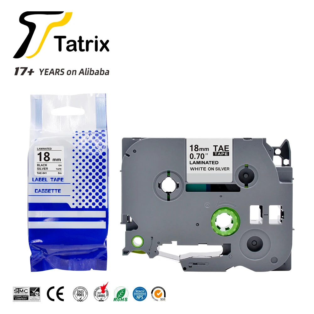 Tatrix TZ941 TZe941 TZ-941 TZe-941 18mm Black on Silver Compatible Laminated Label Tape Cartridge for Brother P Touch PT300