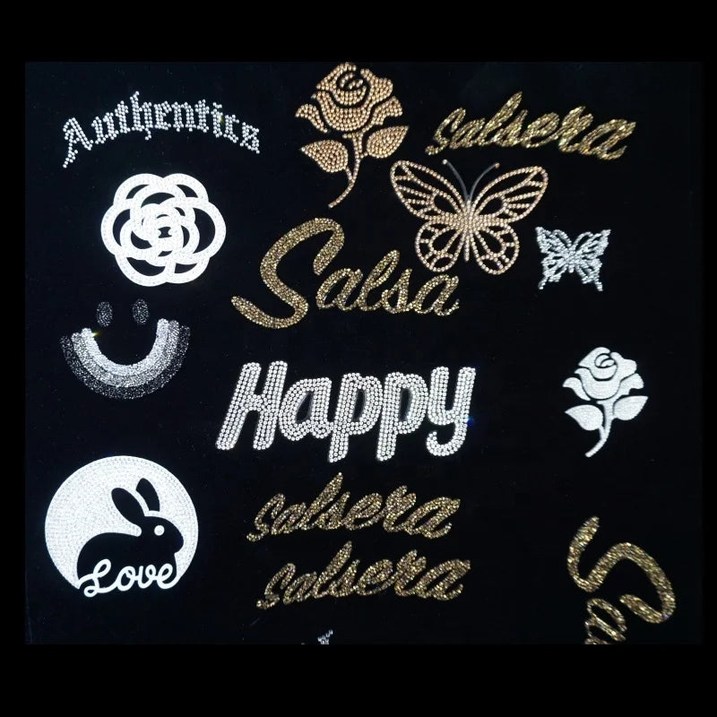 New Style Rubber PVC Clothing Pocket Label Iron on Rhinestone Crystal Bling Patches Iron on Silicone Patches
