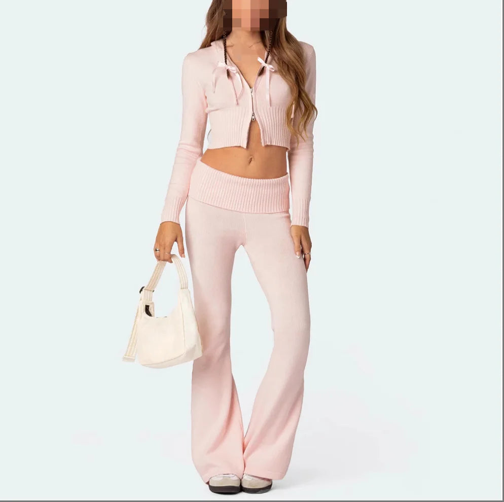 Fashion Women's Casual Sports Two-Piece Set Zipper Hoodie Top and Long Pants Knitting Set for Women