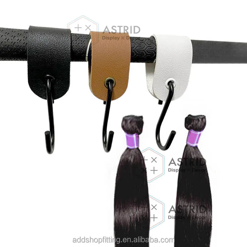 Custom gold logo rail display leather Wig hanger hair bundle hook for shop display