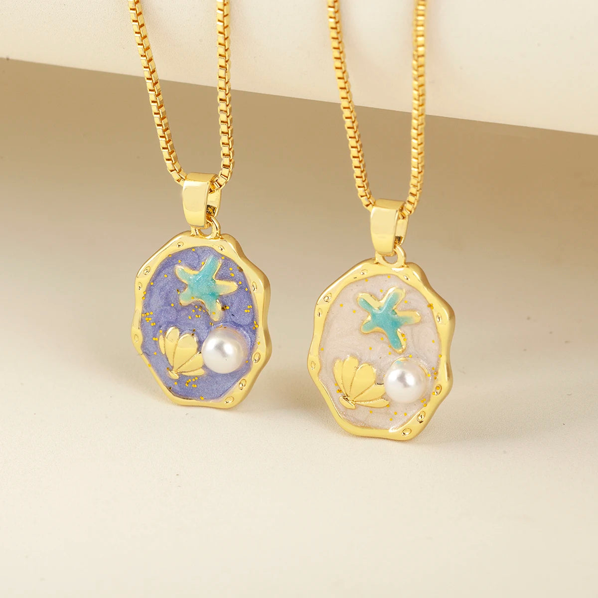QIKU Enamel Ocean Theme Necklace | Vintage Gold Plated Starfish & Seashell Pearl Pendant Jewelry for GIrlfriend Jewelry Gift