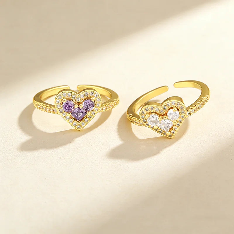 QIKU Wholesale Romantic Heart Shape Women Ring Luxury Crystal Opening Adjustable Copper Zircon Wedding Jewelry Accessories