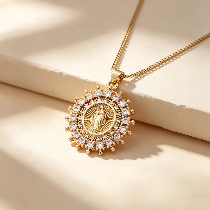 QIKU Wholesale Religious Double Crystal Round Bead Pendant Necklace Gold Color Virgin Mary Cubic Zircon Neck Chain Jewelry Gift