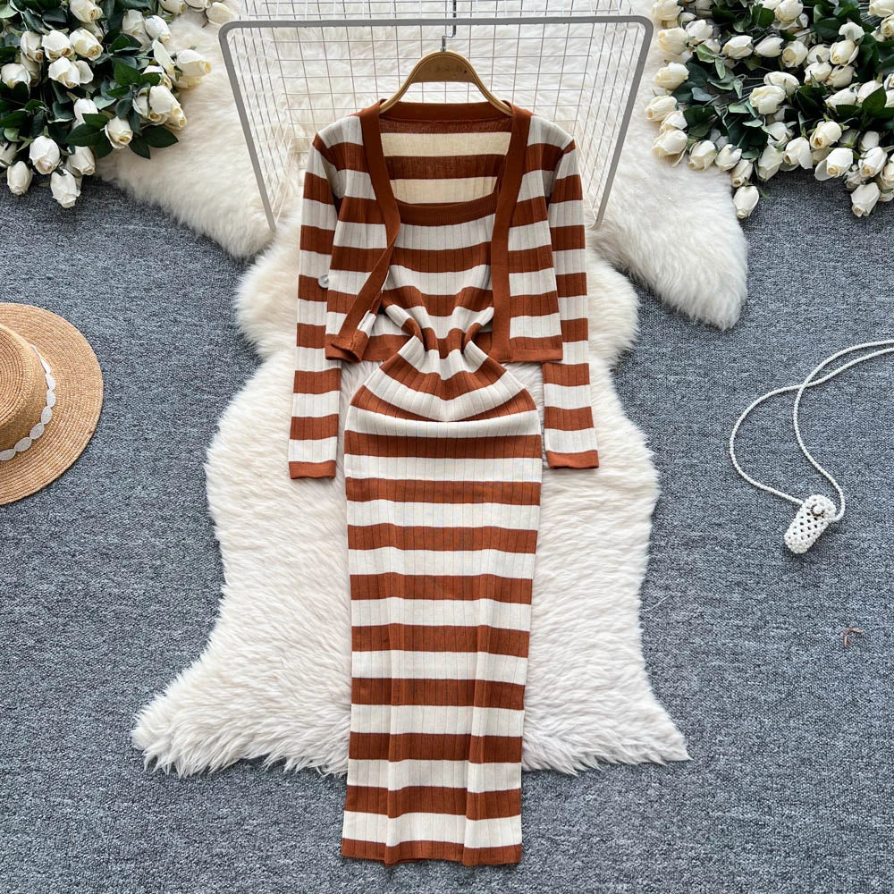 Women's Roman Sets Tunic Top And Floral Printed Slim Knitted Knitted Dress Set Clothing Wholesale