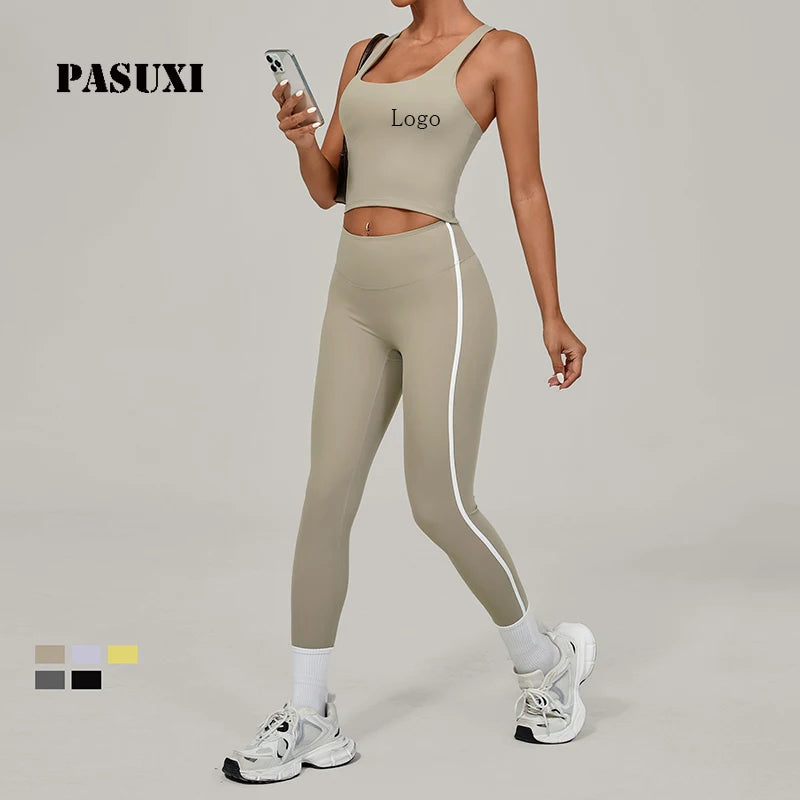 PASUXI High Elastic Naked Feeling High Waist Yoga Set Quick Dry Breathable 2 Piece Sports Suit for Women Fitness Gym Workout