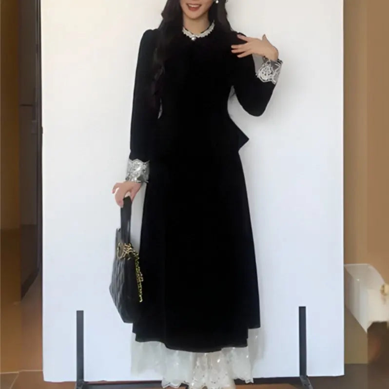 Plus Size Fall Elegant O-Neck Tunic Slim Casual Maxi Dress for Women Patchwork Lace Dress