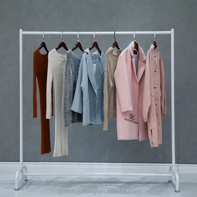 White Stainless Steel Modern Clothes Suits Wedding Dresses Formal Gowns Display Rack with Movable Wheel Rail Carton Packed