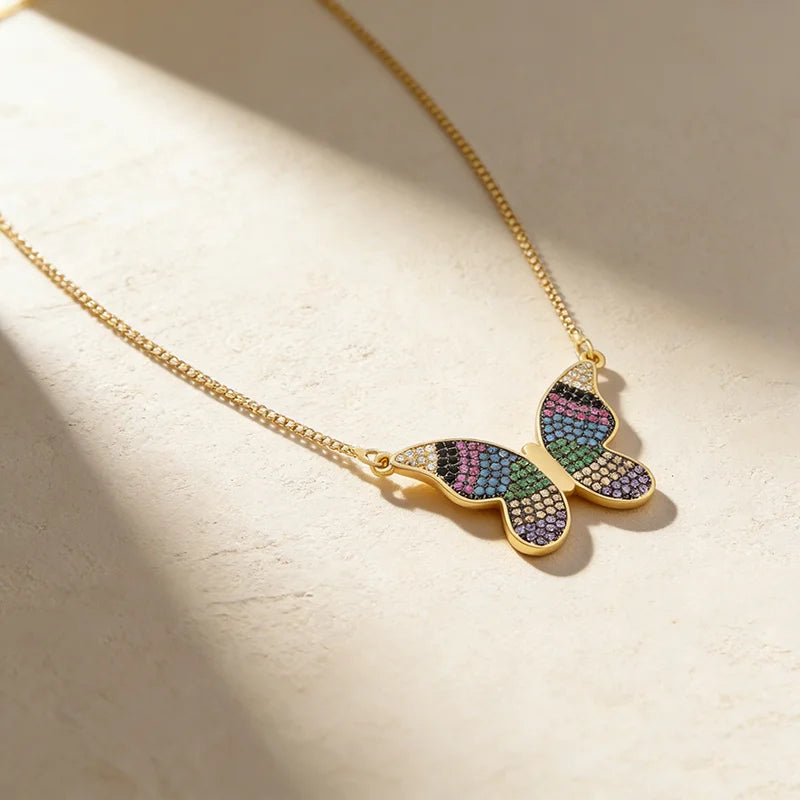 QIKU New Luxury Butterfly Colorful Zirconia Pendant Necklace Copper Choker Animal Chain Gold Color Jewelry Party Lady Women Girl