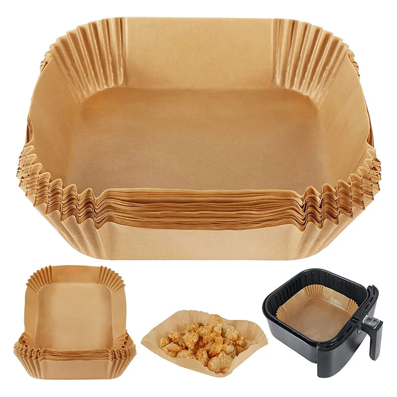Custom Brown White Square Disposable Air Fryer Parchment Paper Food Grade Silicone Oil Waterproof Kitchen Airfryer Liners