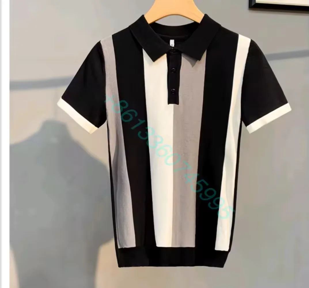 OEM custom logo embroidery printed design ice silk striped lapel short-sleeved sweater men's fashion youth all-match casual polo