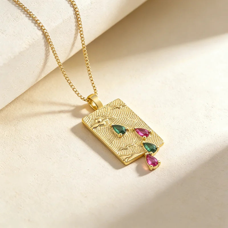 QIKU Creative Design Green/Purple Rhinestone Rectangle Pendant Women Necklace Gold Color Clavicle Jewelry Wholesale Dropshipping