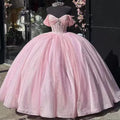 Luxury Blush Pink Quinceanera Ball Gown Off Shoulder Beaded Corset Glitter Tulle Princess Prom Evening Dress MegaBDM