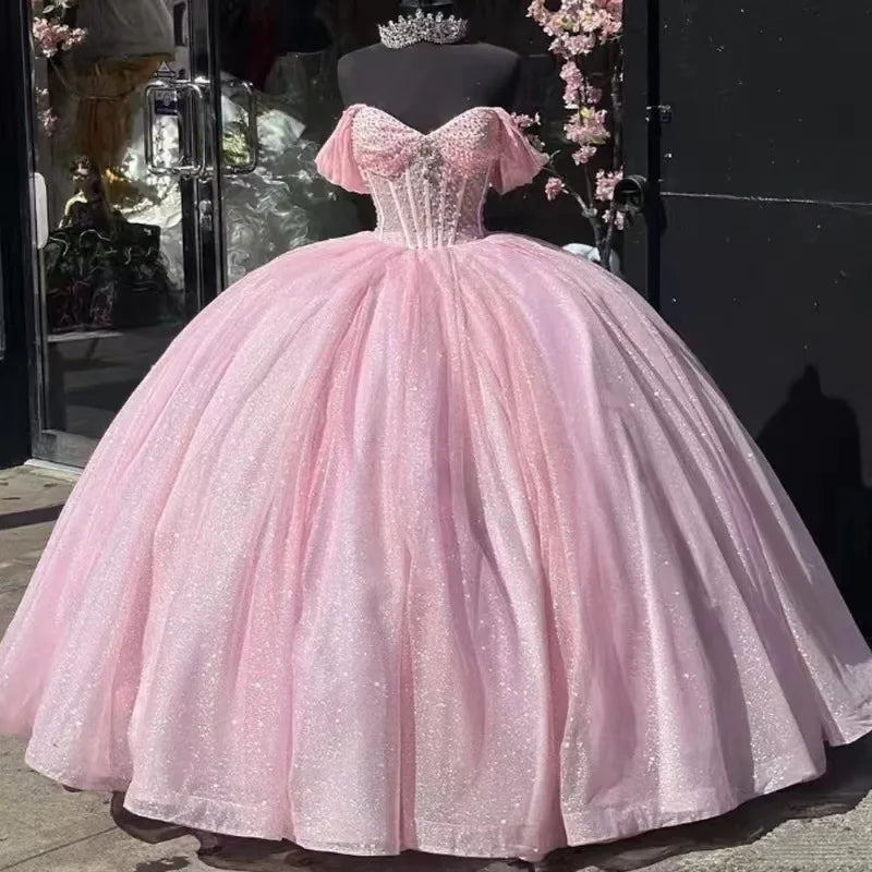Luxury Blush Pink Quinceanera Ball Gown Off Shoulder Beaded Corset Glitter Tulle Princess Prom Evening Dress MegaBDM