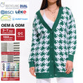 Wholesale Custom Thousand Bird Plaid Knitted Cardigan for Women Long Sleeve Drop Shoulder Coat with Front Logo Button Decoration