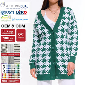 Wholesale Custom Thousand Bird Plaid Knitted Cardigan for Women Long Sleeve Drop Shoulder Coat with Front Logo Button Decoration