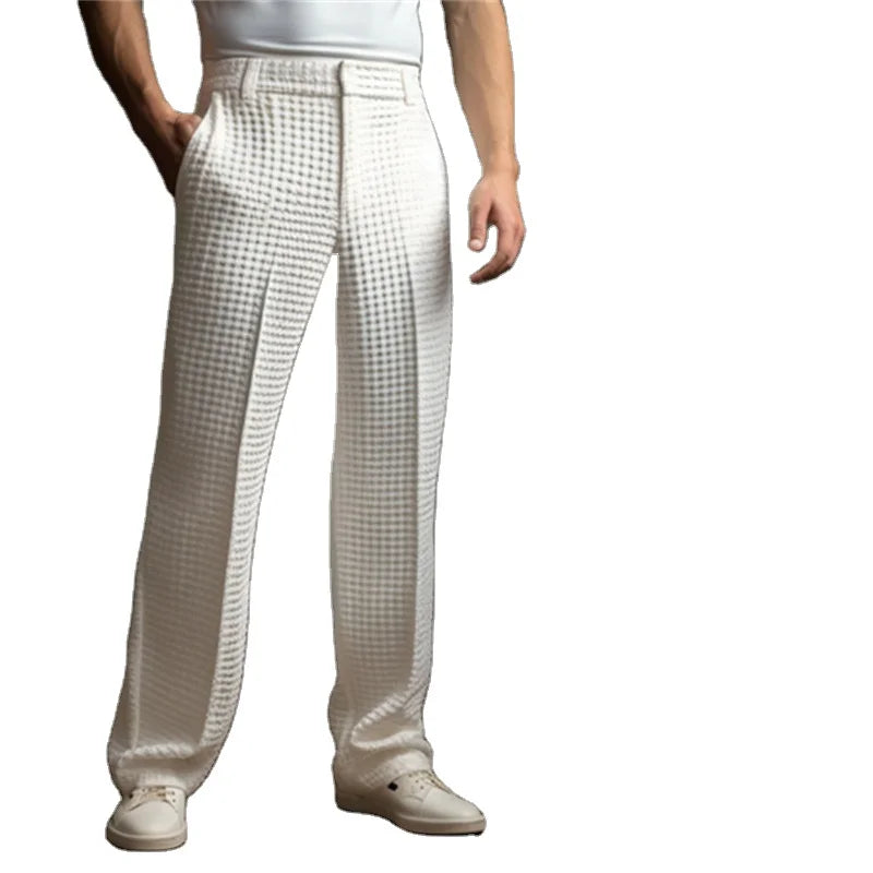 Oem Customized logo Design solid color waffle pattern slanted front pocket straight leg casual vacation style formal trousers MegaBDM