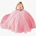 Luxury Pink Quinceanera Ball Gown Off Shoulder Lace Applique Corset Bodice Tulle Long Train Princess Prom Dress MegaBDM