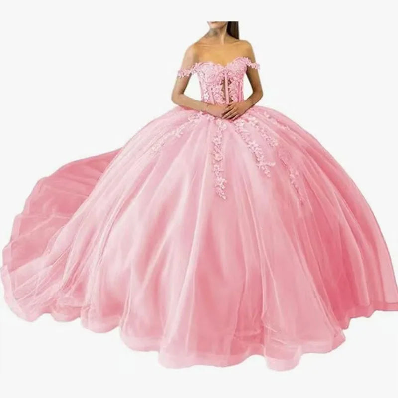 Luxury Pink Quinceanera Ball Gown Off Shoulder Lace Applique Corset Bodice Tulle Long Train Princess Prom Dress MegaBDM