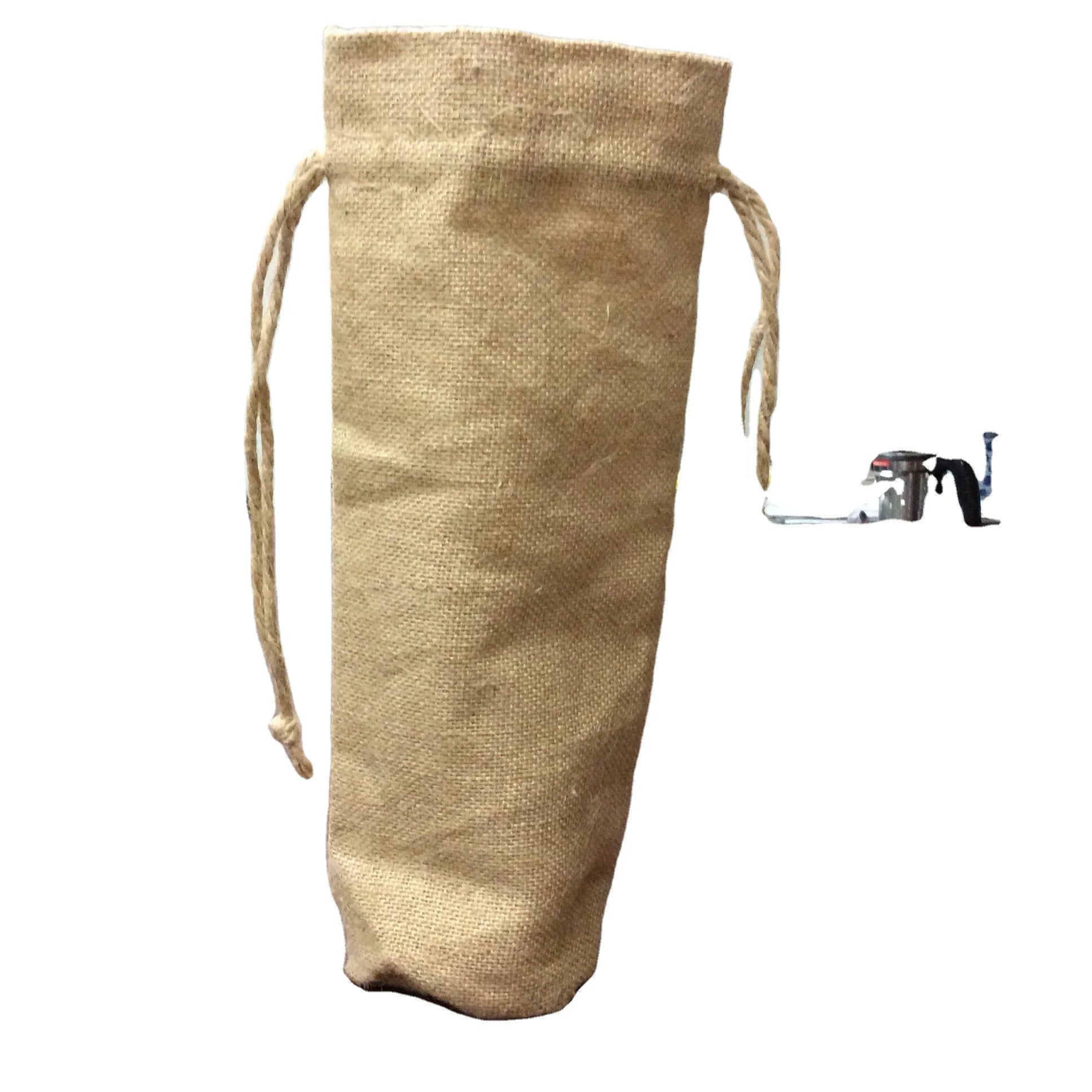 Natural Jute Burlap One Bottle Wine Tote Bag with Long Rope Handles