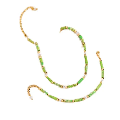 Bulk Wholesale Gold Color Plated Turquoise Freshwater Pearl Jewelry Necklace for Woman Brass Green 490mm 1630340