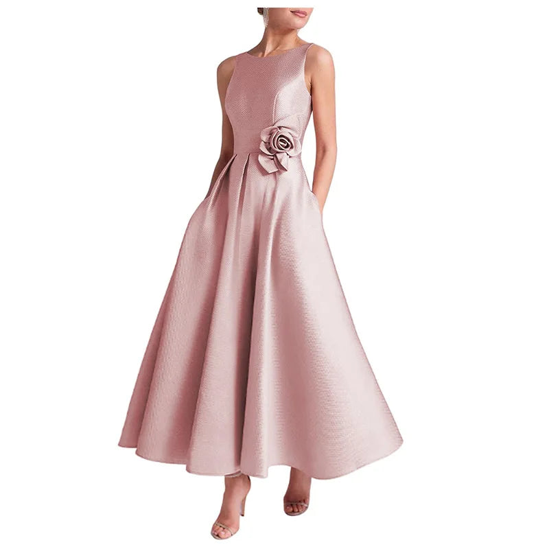 Elegant Vintage Natural Women Sleeveless A-Line Maxi Dress 3D Flower Waist Evening Custom MegaBDM