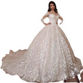 Luxury Champagne Quinceanera Ball Gown Long Sleeve Lace Applique Beaded Corset Princess Prom Evening Dress with Train MegaBDM