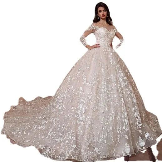 Luxury Champagne Quinceanera Ball Gown Long Sleeve Lace Applique Beaded Corset Princess Prom Evening Dress with Train MegaBDM