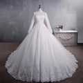 Luxury White Muslim Plus Size Wedding Dress High Neck Long Sleeve Lace Applique Beaded Floor-Length A-Line Cathedral Train MegaBDM