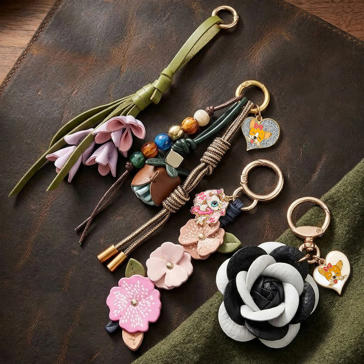 Handmade PU Leather Camellia Flower Keychain Bag Charm Custom Logo Metal Pendant Floral Purse Charm for Women Car Key MegaBDM