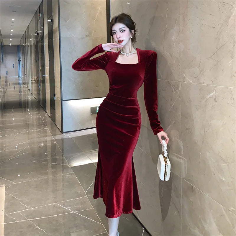 Elegant Square Collar Mermaid Maxi Dress for Women Solid Lace Dress