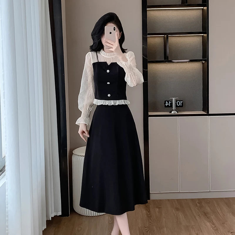 2025 Spring Sweet 2 Piece Set for Women Puff Sleeve Top And Mesh Set Ropa Wholesale