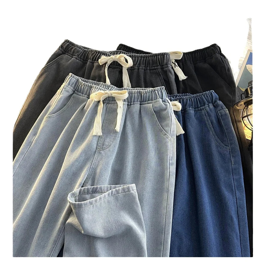 OEM Customized Logo Design men's summer new casual trendy loose straight leg wide-leg blue floor-length trousers jean pant