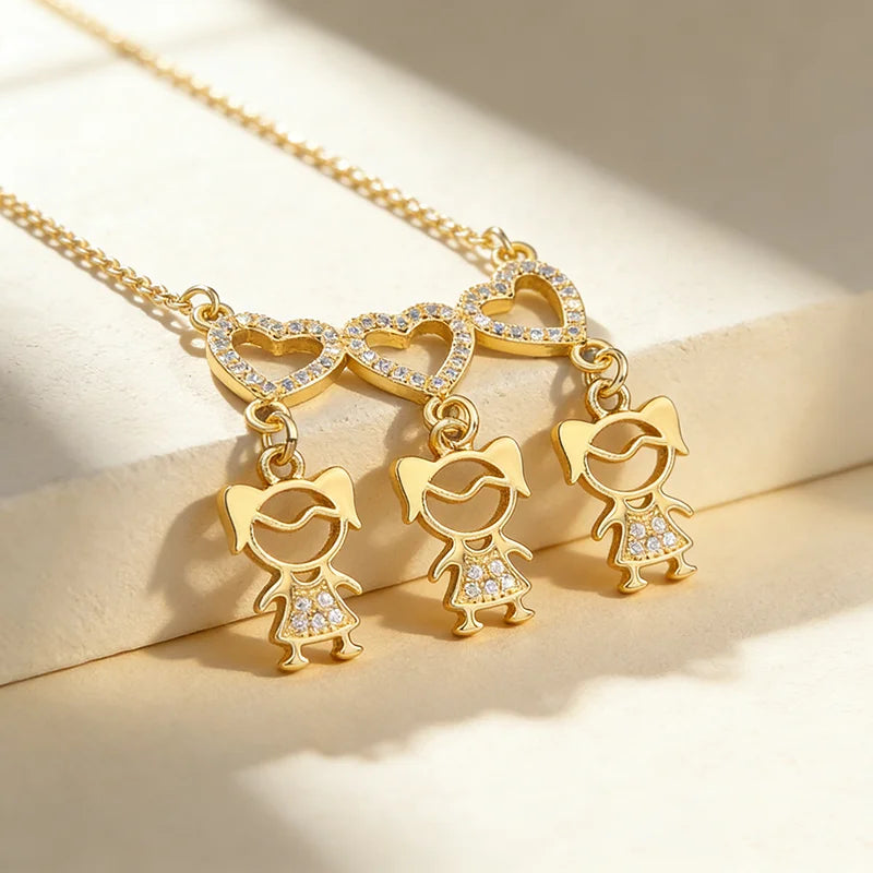 QIKU Trendy Crystal 3 Heart Girls Pendant Gold Color Necklace Copper Cubic Zirconia Choker Jewelry Mother's Day Gift Wholesale