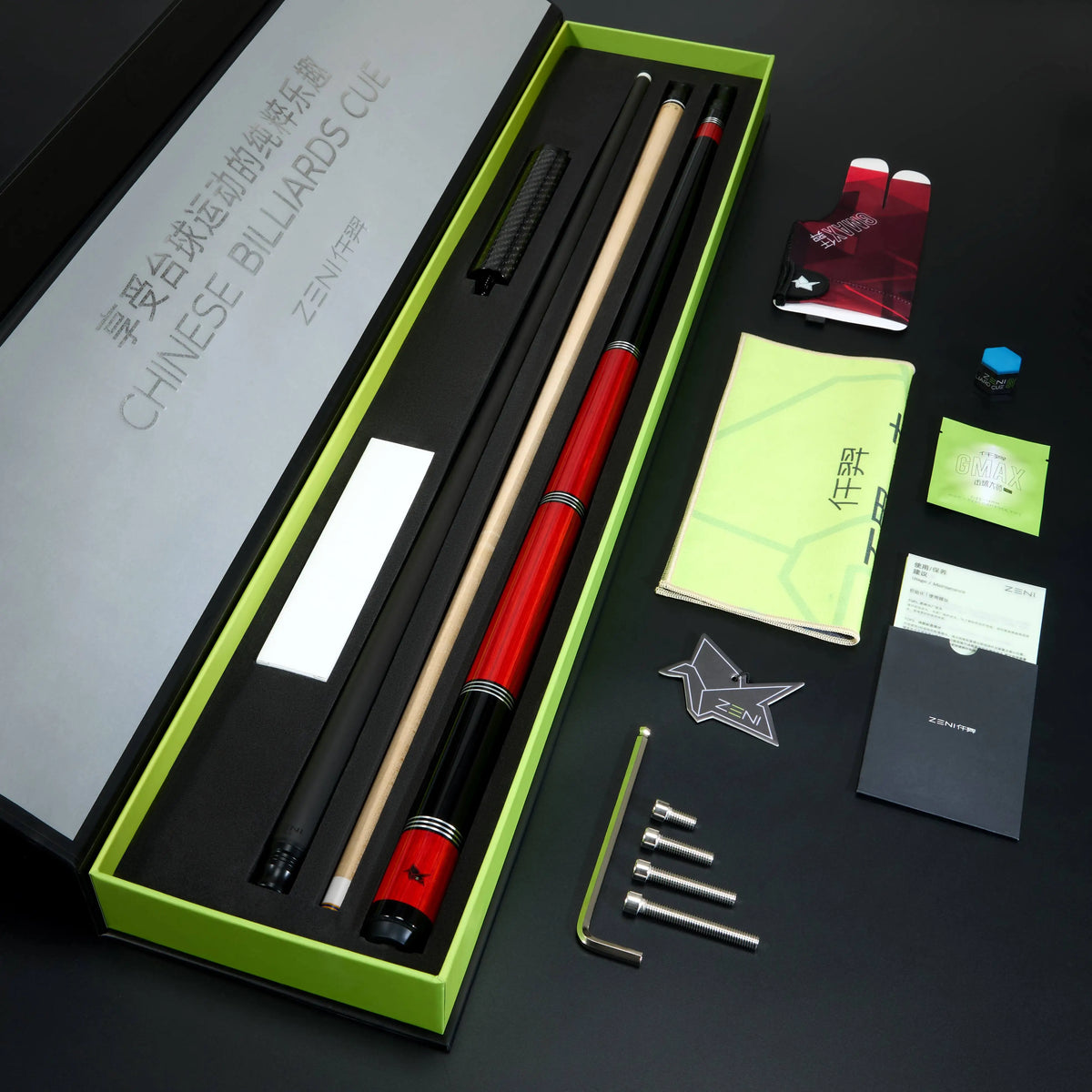 Hot Sell High Tech Handmade Zeni 12.2&12.5mm Carbon Fiber Double ShaftsReal Wood Butt Leather Grip 1/2 Billiard Pool Cue MegaBDM