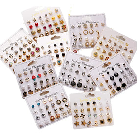 Wholesale Gold Silver Plated Rhinestone Circle Flower Heart Stud Earrings Set