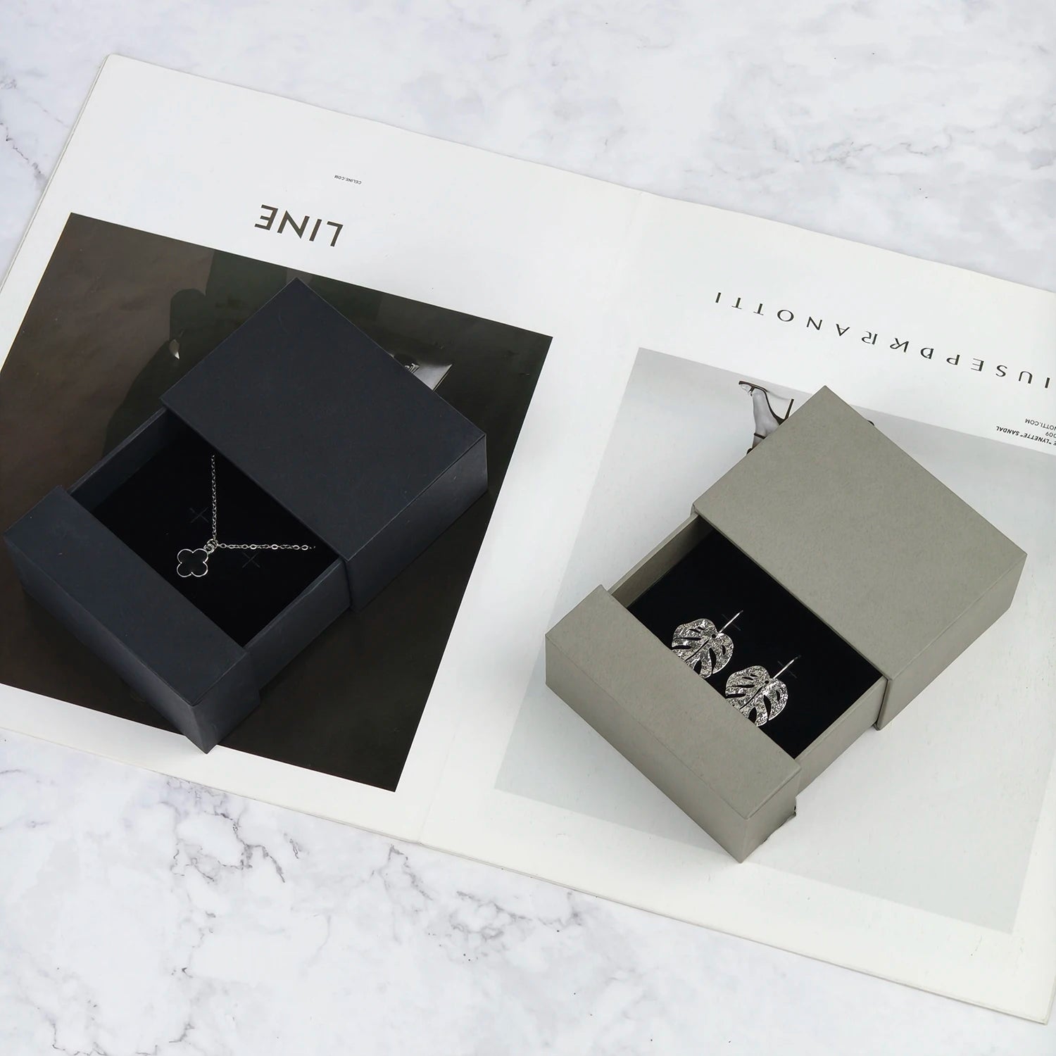 Rectangle Jewelry Drawer Carton Box with Drawstring Closure Custom Logo Foam Lining for Necklace & Earring Gift Packaging