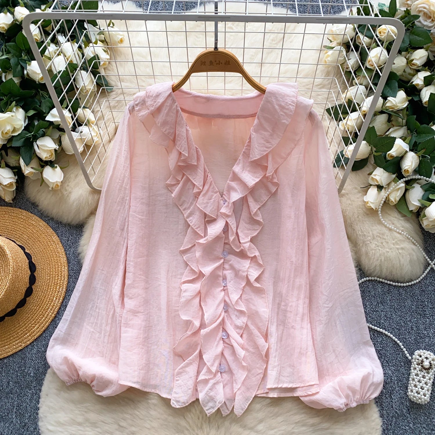 Autumn Full Sleeve V-neck Elegant Blouses Women Lantern Sleeve Solid Shirts Ladies Elegant Tops Clothes Women Wholesale
