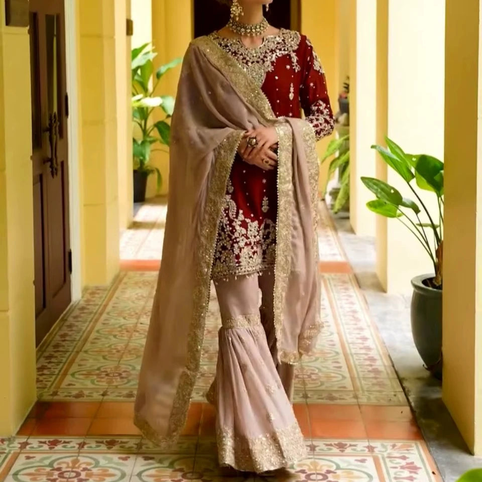 New Designer Women's Diwali Wedding Party Wear Top Plazzo Set Fancy Duppata Embroidery Work Reversible Quick Dry Wrinkle Free