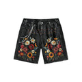Black Denim Shorts Solid Embroidery Chain Detail Rhinestone High Street Fashion Jorts Style 100% Cotton Elastic Waist