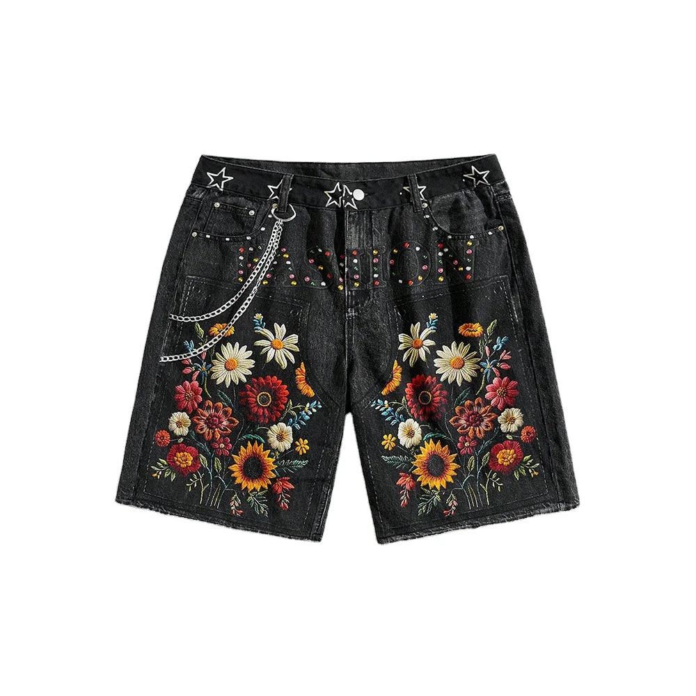 Black Denim Shorts Solid Embroidery Chain Detail Rhinestone High Street Fashion Jorts Style 100% Cotton Elastic Waist