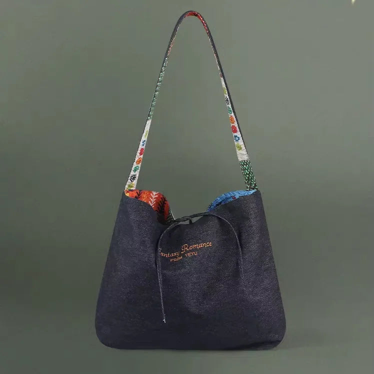 Vintage-inspired Reversible Denim Shoulder Bag with Colour-blocked Ethnic-style Large-capacity Tote 2026