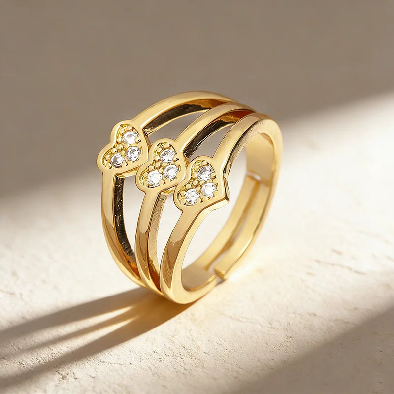 QIKU Jewelry Heart Ring Resizable Heart Shape Square CZ Fashion Trendy Rings Bling Bling 18K Gold Finished Women Jewelry