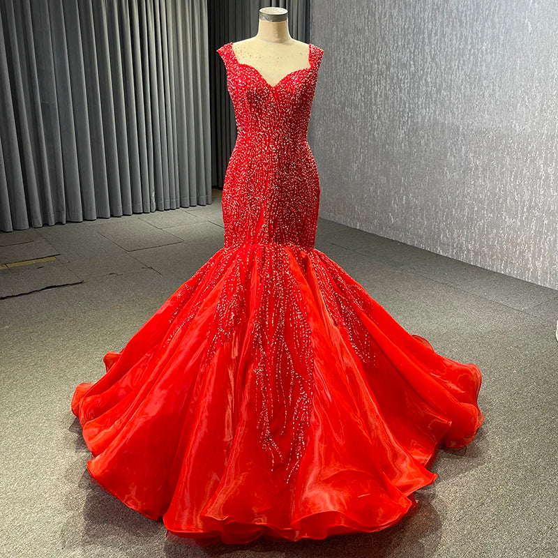 Jancember 222148 Beautiful Red Sleeveless Sequins Beaded Mermaid Evening Party Dresses