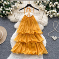 2025 Summer Roman Halter Ruffle Mini Dress for Women Empire Patchwork Ruffled Lace Dress