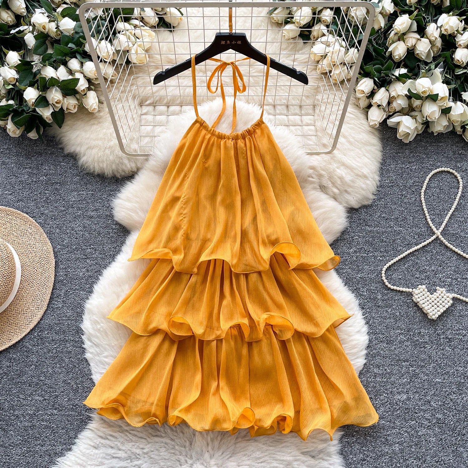 2025 Summer Roman Halter Ruffle Mini Dress for Women Empire Patchwork Ruffled Lace Dress