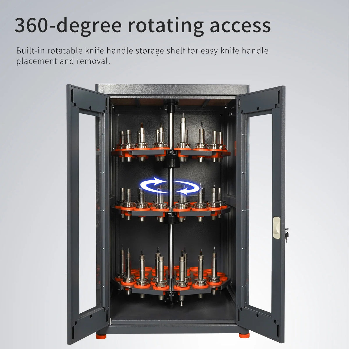 LYREIGN Rotary CNC Tool Holder Storage Cabinet BT30 CAT30 108 Cap 360 Rotation Heavy Duty Metal Cabinet for Machining Workshop MegaBDM